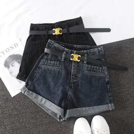 水洗韩版卷边牛仔短裤2022秋冬新款高腰显瘦配腰带a字阔腿短裤潮图片