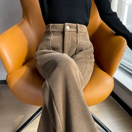 雪尼尔阔腿裤女2024年冬季新款休闲加厚加绒高腰条绒窄版直筒裤子图片