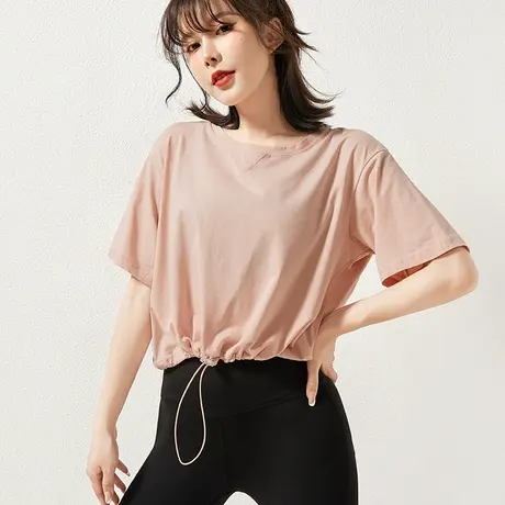 夏季新款运动短袖T恤女休闲宽松透气健身上衣跑步抽绳收腰瑜伽服商品大图