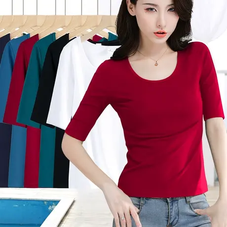 本命年酒红色中袖打底衫棉质弹力修身圆领t恤外穿春秋新款上衣女商品大图