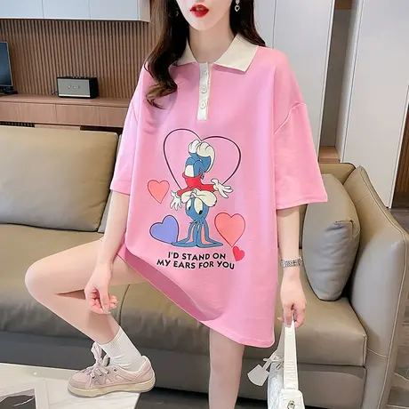 短袖t恤女2023新款夏季韩版宽松大码中长款撞色翻领polo衫上衣服图片
