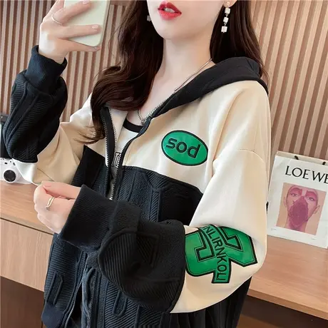 早秋小个子连帽卫衣女2023新款春秋韩版宽松薄款带帽拼色开衫外套图片