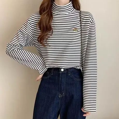 chic复古港味条纹打底衫女秋冬内搭德绒保暖上衣显瘦韩版长袖T恤商品大图