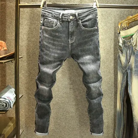 秋冬款黑灰色牛仔裤男士手工猫须修身小脚裤潮牌水洗耐磨高端裤子商品大图