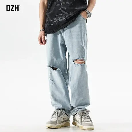 男士浅色破洞牛仔裤男潮牌夏天高街百搭裤子2023新款宽松直筒裤男商品大图
