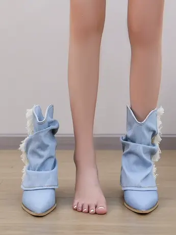 堆堆靴西部牛仔靴女2023春秋新款蓝色高跟复古尖头裤管靴粗跟短靴图片