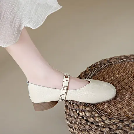 单鞋女2023年秋季新款粗跟防滑温柔文艺复古玛丽珍圆头豆豆鞋女商品大图