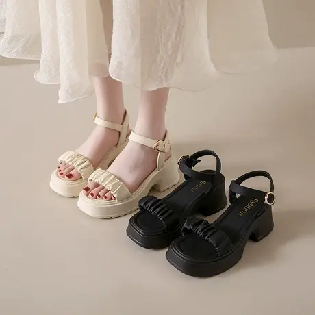 仙女风粗跟凉鞋女外穿夏款2024新款小个子厚底一字带时尚沙滩鞋子商品大图