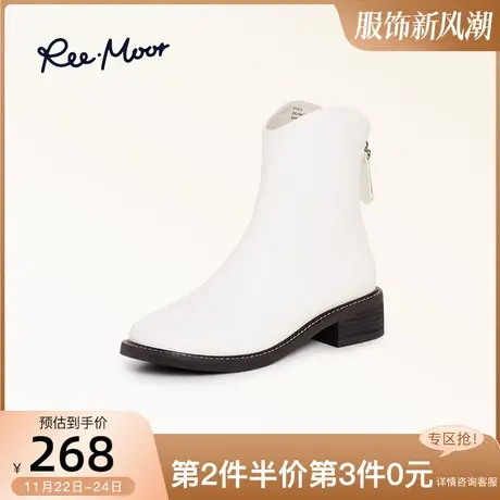 REEMOOR睿慕尖头小白靴时装瘦瘦靴女2023秋冬新款显瘦气质中筒靴图片