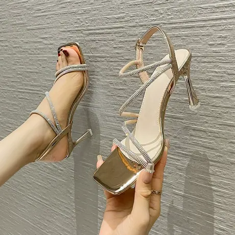 罗马时装凉鞋女细跟2024年夏季新款性感水钻一字带法式少女高跟鞋图片