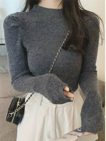 半高领毛衣打底衫女内搭秋冬2023新款秋季中领德绒泡泡袖针织上衣图片