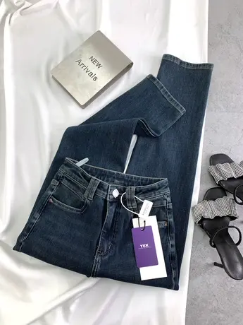 美式磨白弹力牛仔小直筒裤女代嘉儿同款显瘦百搭弹力窄脚九分裤子商品大图