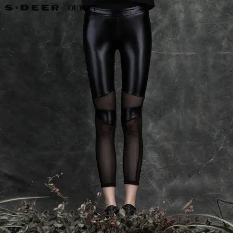 sdeer圣迪奥女装2017秋装修身黑色网格拼接打底裤长裤S16180872商品大图