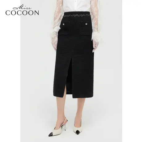 【秋上新】missCOCOON小香风裙子2023秋装新款女装修身开衩半身裙图片