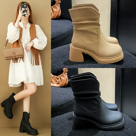 堆堆靴子女短靴2023新款秋冬季法式复古高跟鞋粗跟显瘦时尚瘦瘦靴图片