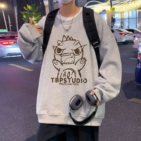 小恐龙oversize春秋季潮流卫衣男印花圆领情侣高街chic港风上衣服商品大图