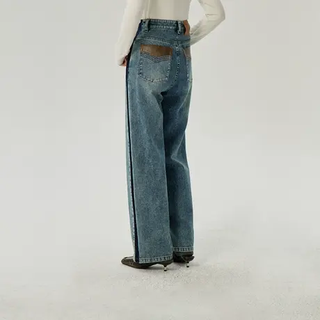 omont蛋挞家 复古撞色牛仔裤女冬季新款高腰显瘦阔腿直筒裤子商品大图