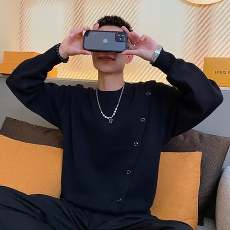 排扣毛衣男士秋冬季潮牌ins纯色线衣韩版潮流个性宽松百搭针织衫图片