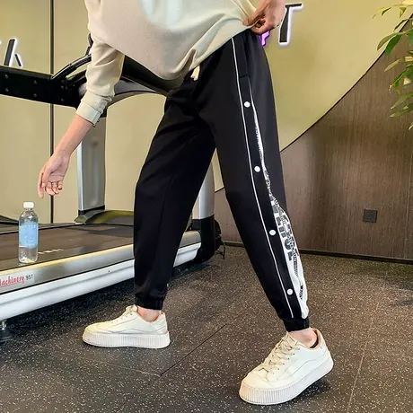 春秋季潮牌宽松束脚运动裤子设计感排扣INS长裤百搭休闲拼接卫裤商品大图