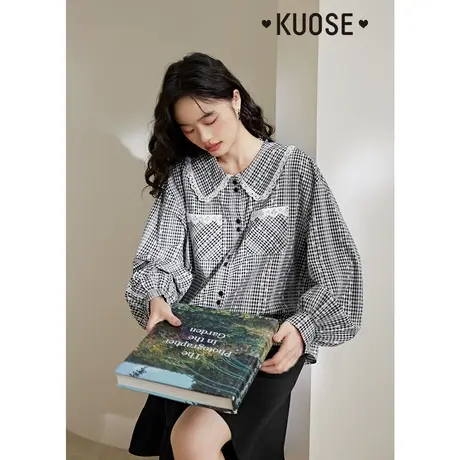 阔色小香风格子长袖衬衫女2023秋季新款polo领灰色衬衣花边上衣图片