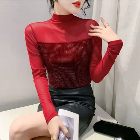性感网纱拼接烫钻长袖打底衫半高领T恤女洋气内塔上衣修身百塔潮商品大图