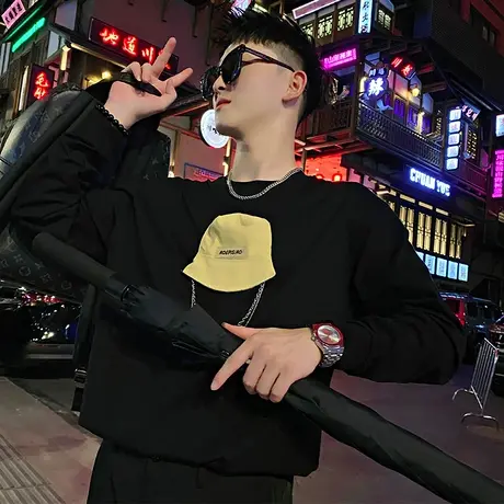 重磅潮牌网红帽子装饰长袖t恤男春秋季ins上衣个性休闲卫衣打底衫商品大图