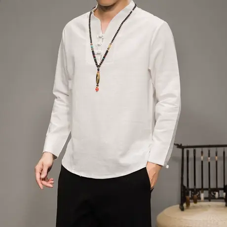 春秋季中国风男长袖T恤茶服盘扣休闲宽松打底衫复古男装改良汉服商品大图