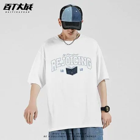 重磅短袖美式T恤胸前时尚印花复古学院风小众中长款白色透气T恤衫商品大图