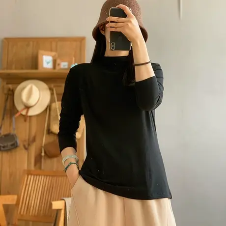 dza 复古纯色全棉高领打底衫女春秋新款内搭上衣宽松休闲长袖T恤商品大图