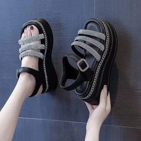 高级感水钻厚底高跟凉鞋女款夏季沙滩鞋一字带松糕鞋罗马鞋子女鞋商品大图