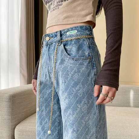 设计感字母阔腿牛仔裤女春秋季高腰宽松显瘦垂感休闲拖地直筒长裤商品大图