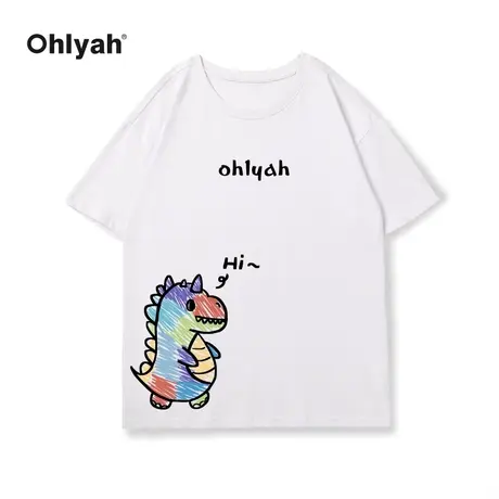 Ohlyah春夏新款涂鸦恐龙纯棉大码短袖t恤男女潮牌无性别宽松上衣图片