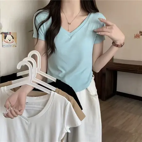 小个子短款V领小衫女夏季修身纯棉短袖T恤韩版百搭半袖上衣潮ins商品大图