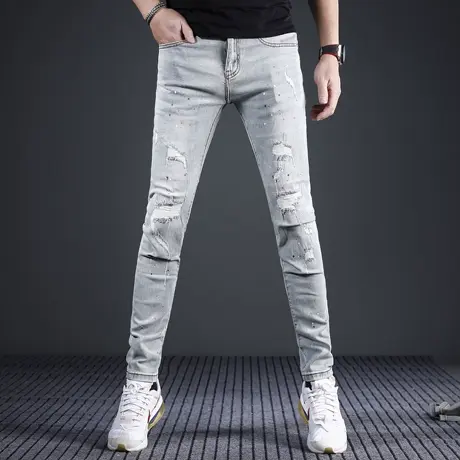 春夏季破洞牛仔裤男款修身小脚2024新款潮流补丁弹力小腿牛仔裤男商品大图