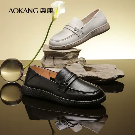 【门店发货】奥康女鞋 2024春季新款真皮软底舒适休闲单鞋豆豆鞋商品大图