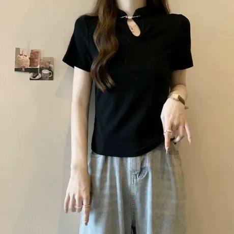 短袖T恤女夏季韩版修身百搭小众别致设计感打底小衫国风半袖上衣商品大图