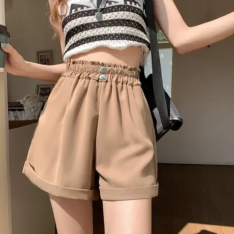 百搭松紧腰小个子休闲短裤女2023夏季新款宽松高腰显瘦阔腿裤子图片