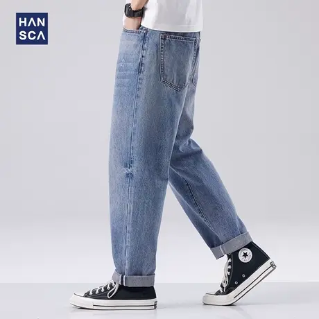 hansca做旧水洗牛仔裤男春季复古新款九分裤直筒微锥宽松休闲裤子商品大图