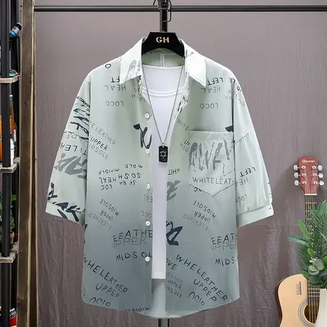 夏季衬衫男短袖廓形冰丝五分七分袖衬衣字母印花潮流男士薄款外套商品大图