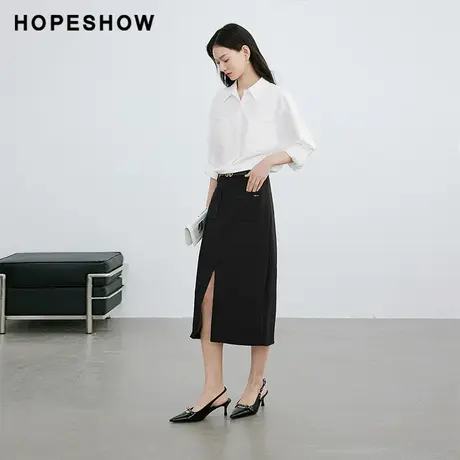 红袖落肩纯色翻领白衬衫hopeshow2024春季新款简约职场单排扣上衣图片