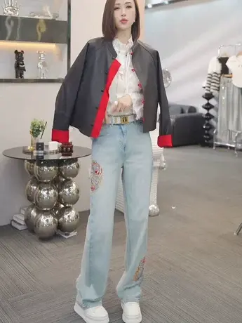 潮流韩版刺绣百搭2024春季新款高腰显瘦直筒阔腿裤牛仔裤子女潮款商品大图