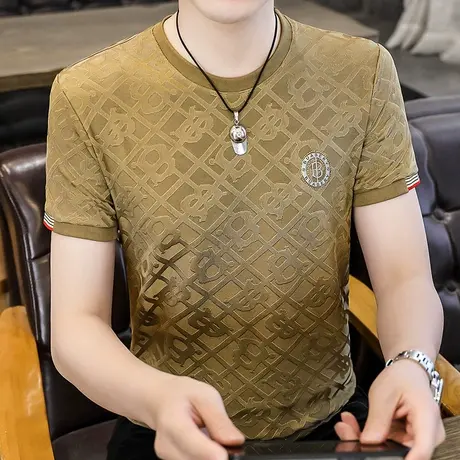 2024新款男士青春潮流圆领时尚休闲款烫钻提花潮男男装欧美风体恤图片