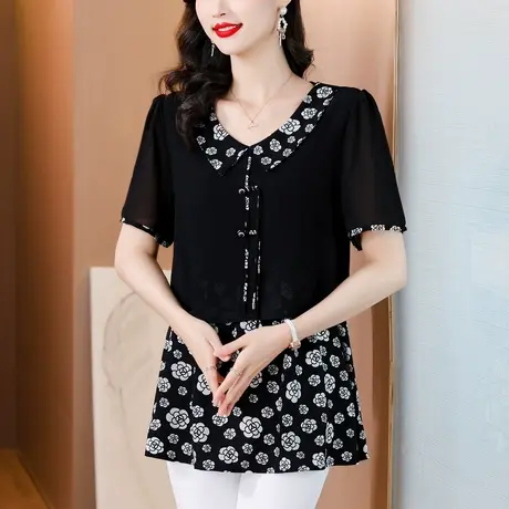 2024夏季新款大码女上衣中长款雪纺衫女假两件时尚高级感显瘦小衫商品大图