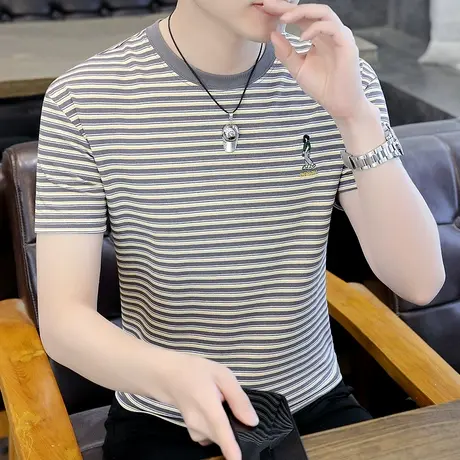 夏季丝光棉短袖t恤男潮牌刺绣圆领条纹体恤衫帅气百搭夏天上衣薄T商品大图