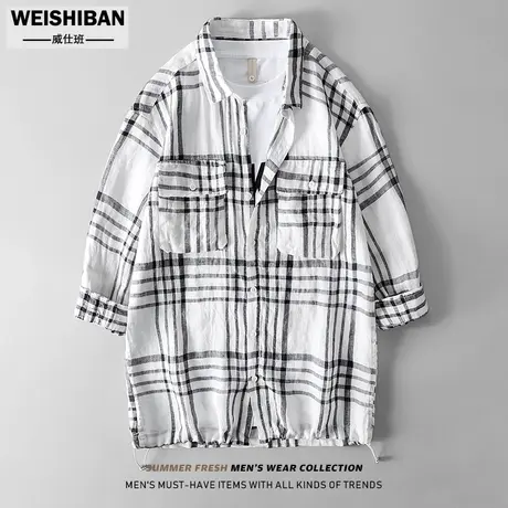 日系格子七分袖衬衣男装2023年新款抽绳立体口袋亚麻透气宽松衬衫商品大图