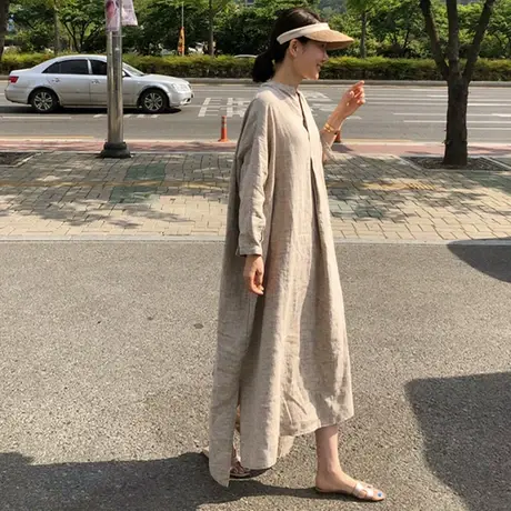 新款长袖棉麻衬衫连衣裙女过膝长款韩版宽松大码时尚休闲亚麻裙子图片
