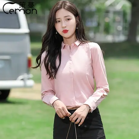 职业衬衫女粉色长袖2023衬衣蓝色工装半袖大学生面试上衣高棉秋季商品大图