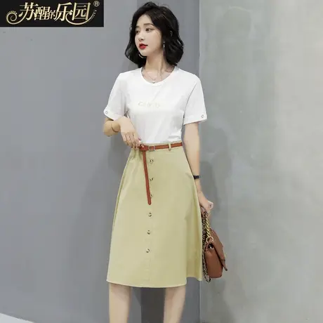 文艺拼接连衣裙女夏季2021新款韩版休闲简约简约小清新假两件裙子图片