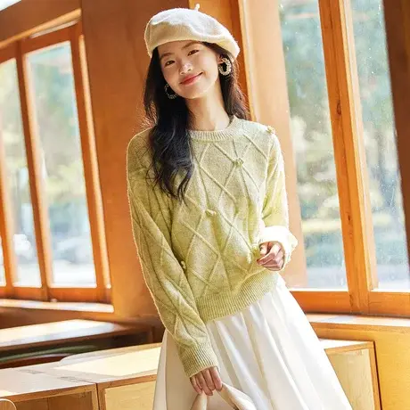 时尚气质圆领套头毛衣2023年秋季新款淑女温柔宽松显瘦通勤上衣商品大图