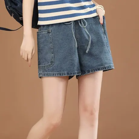 韩潮袭人松紧腰高腰牛仔短裤女2023夏新款百搭显瘦阔腿热裤薄商品大图